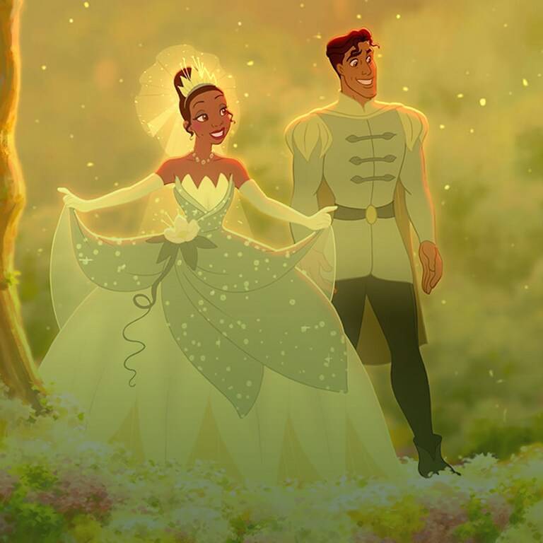 Tiana and Prince Naveen walking together in a golden, firefly-lit forest